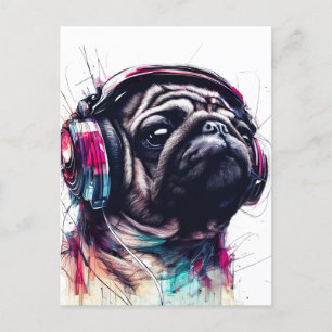 Cute Hund med hörlurar vatten färg, illustration Helg Vykort