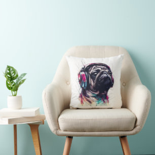 Cute Hund med hörlurar vatten färg, illustration Kudde
