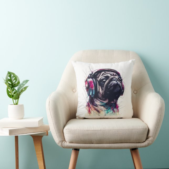 Cute Hund med hörlurar vatten färg, illustration Kudde (Stol)