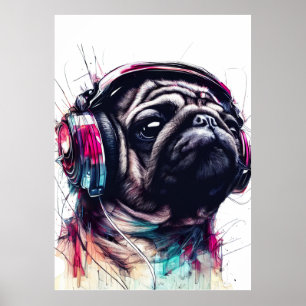 Cute Hund med hörlurar vatten färg, illustration Poster
