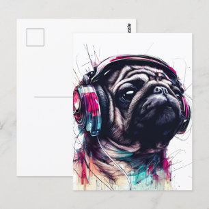 Cute Hund med hörlurar vatten färg, illustration Vykort