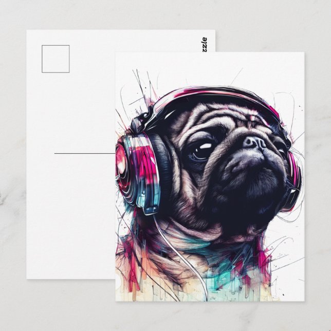Cute Hund med hörlurar vatten färg, illustration Vykort (Fram/baksida)