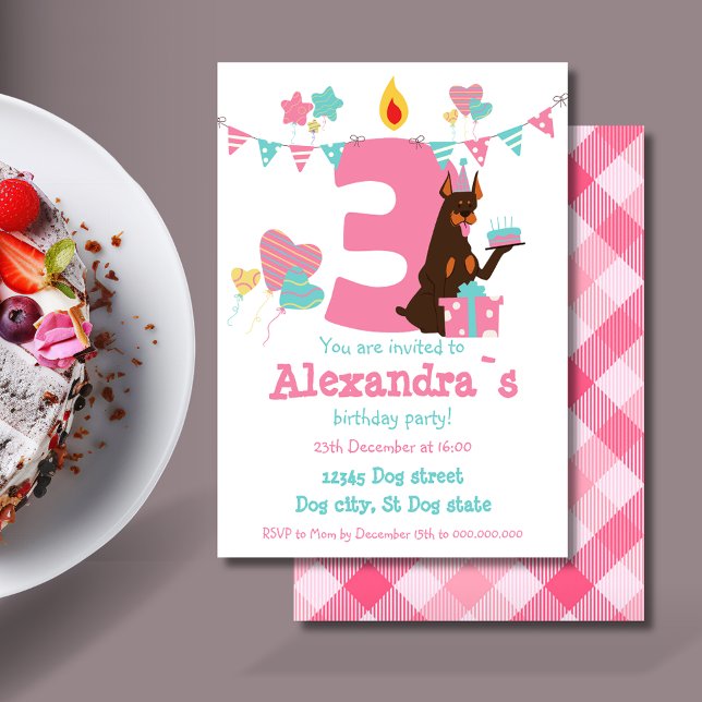 Cute hund med kaka intill nummer tre inbjudningar (Cute dog with cake next to number Three Birthday Invitation)