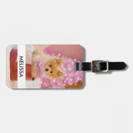 Cute Hund med Rosa Bow Julfoto Bagagebricka