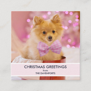 Cute Hund med Rosa Bow Julfoto Fyrkantigt Visitkort