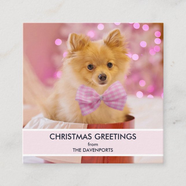 Cute Hund med Rosa Bow Julfoto Fyrkantigt Visitkort (Framsida)