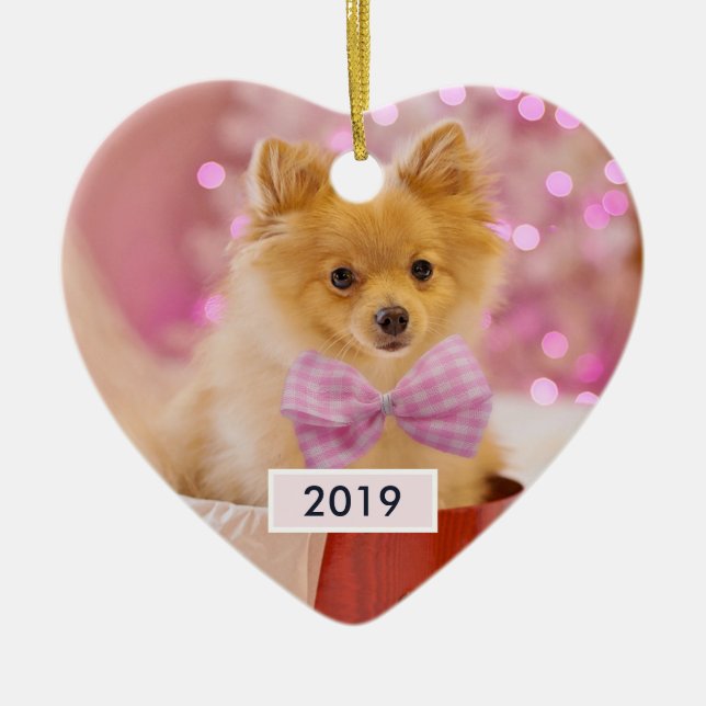 Cute Hund med Rosa Bow Julfoto Julgransprydnad Keramik (Framsidan)