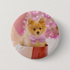 Cute Hund med Rosa Bow Julfoto Knapp