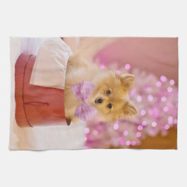 Cute Hund med Rosa Bow Julfoto Kökshandduk