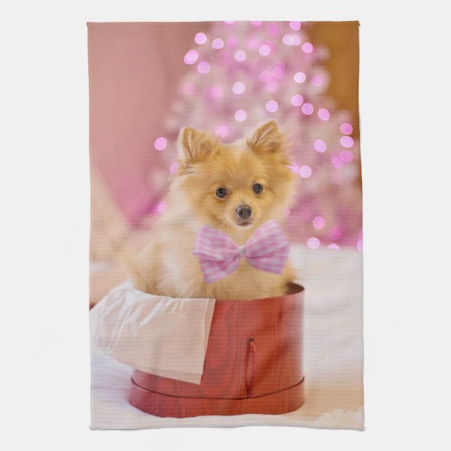Cute Hund med Rosa Bow Julfoto Kökshandduk (Vertikal)