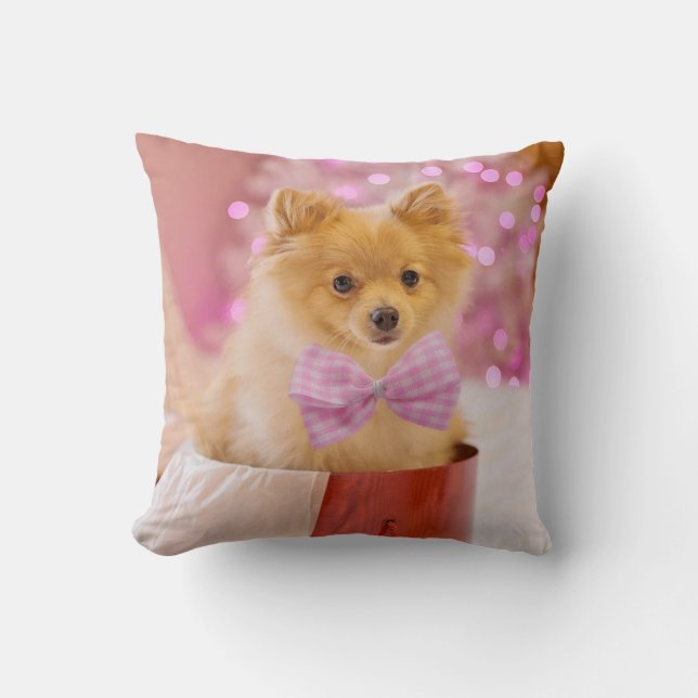Cute Hund med Rosa Bow Julfoto Kudde (Framsida)