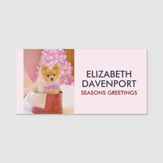 Cute Hund med Rosa Bow Julfoto Namnbricka (Framsida)