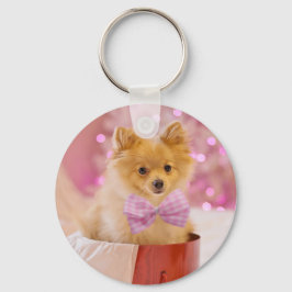 Cute Hund med Rosa Bow Julfoto Nyckelring