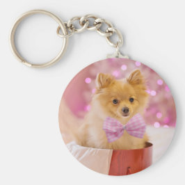 Cute Hund med Rosa Bow Julfoto Nyckelring