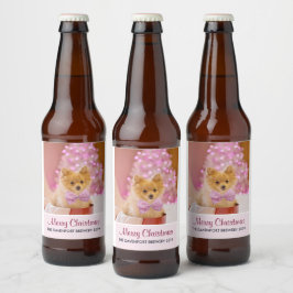 Cute Hund med Rosa Bow Julfoto Ölflaska Etikett