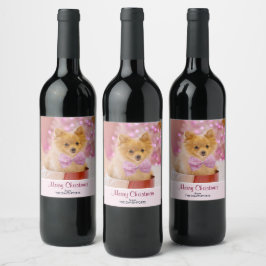 Cute Hund med Rosa Bow Julfoto Vinflaska Etikett
