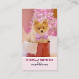 Cute Hund med Rosa Bow Julfoto Visitkort