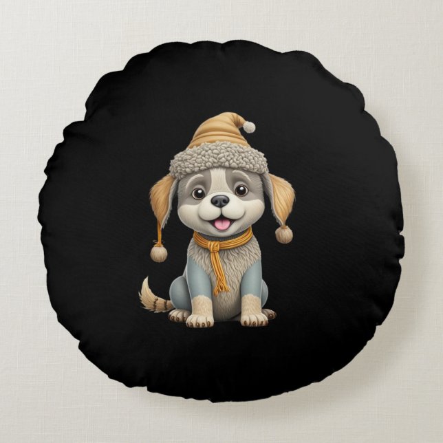 Cute hund med vinterkläder rund kudde (Framsidan)