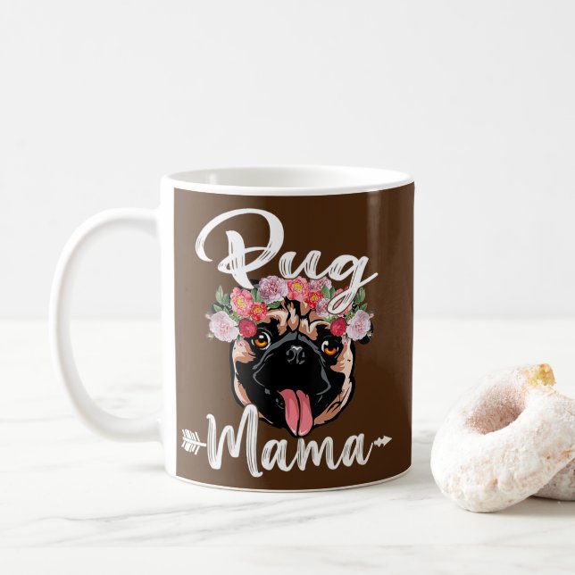 Cute Hund Mors dag Pug Mamma Blommigt V Nacke Kaffemugg (Med munk)