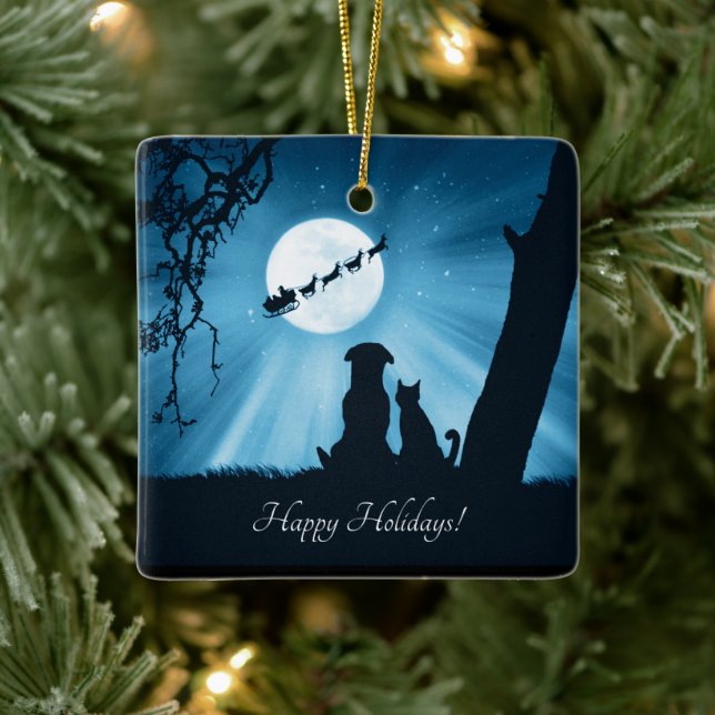 Cute Hund och Cat Glad helg Chistmas Julgransprydnad Keramik (Träd)