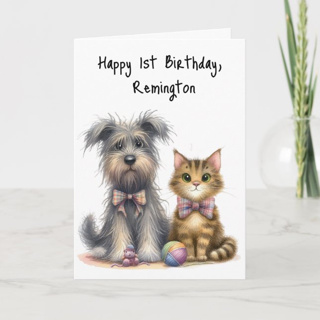 Cute Hund och Cat Lycklig 1:a födelsedag Personlig Kort (Framsida)