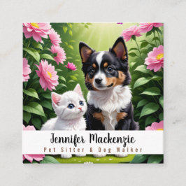 Cute Hund och Cat Pet Sitter and Dog Walker Fyrkantigt Visitkort