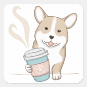 Cute Hund och kaffeillustration Fyrkantigt Klistermärke