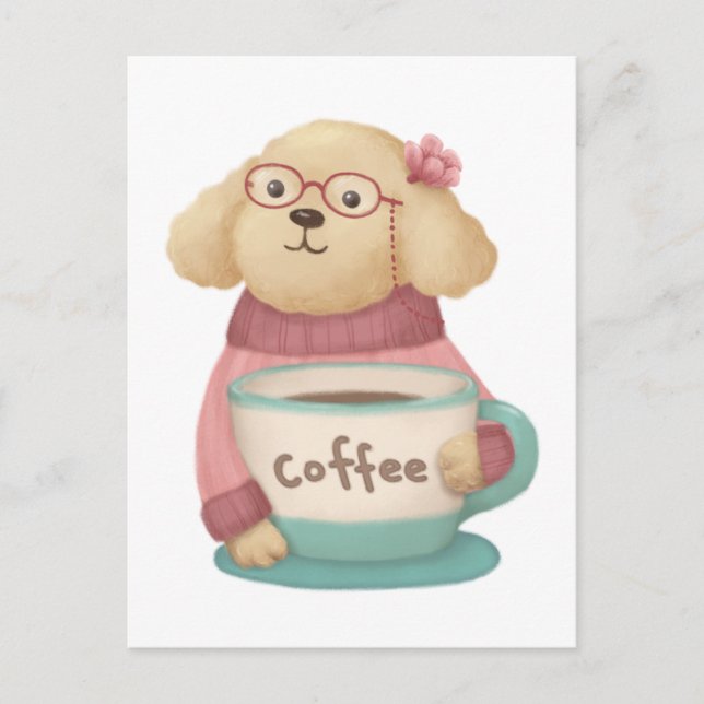 Cute Hund och kaffeillustration Vykort (Framsida)