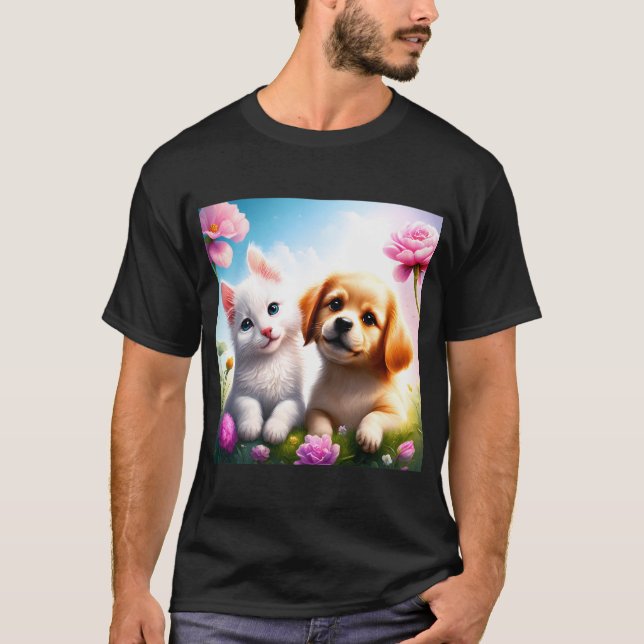 Cute Hund och katt är Bra vänner T Shirt (Framsida)