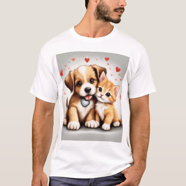 Cute Hund och katt i Kärlek T Shirt (Framsida)