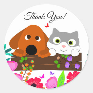 Cute Hund och katt med blommor och fjäril Runt Klistermärke