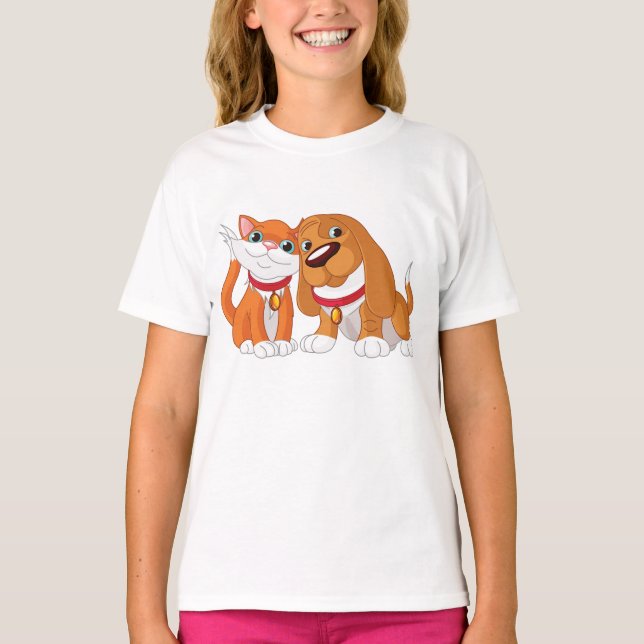 Cute Hund och kattflickor T-Shirt (Framsida)