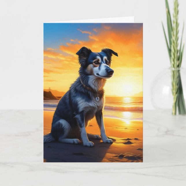 Cute Hund on Beach at Sunset | GRATTIS PÅ FÖDELSED Kort (Framsida)