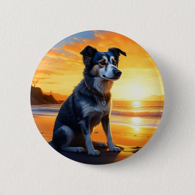 Cute Hund on Beach at Sunset Knapp (Framsida)
