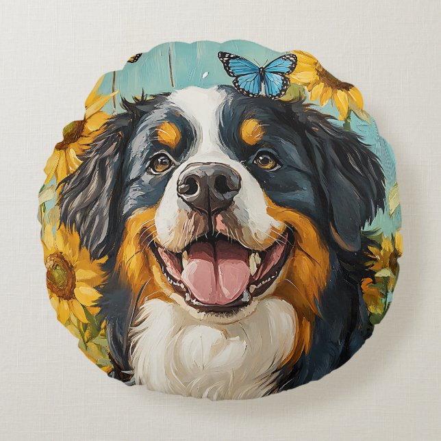 Cute Hund Painting Rustic Sunblommor Butterflies Rund Kudde (Framsidan)