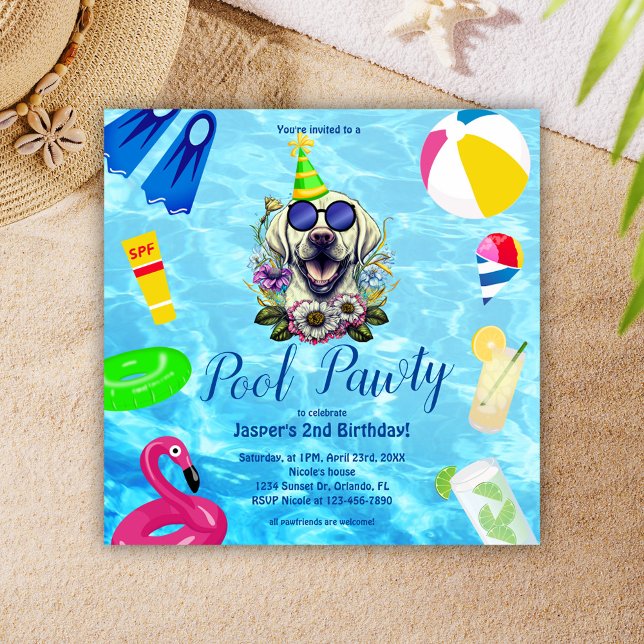 Cute Hund Party Inbjudningar (Cute Dog Pool Party Birthday Invitation)