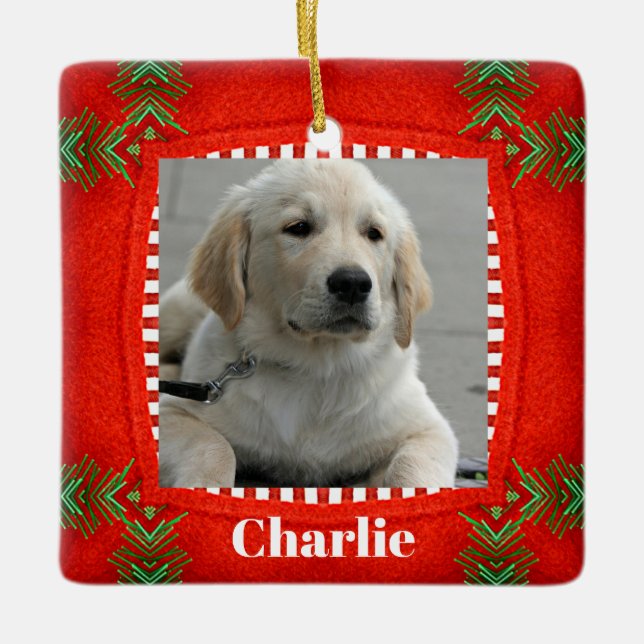 Cute Hund Pet Photo Red Grönt jul Julgransprydnad Keramik (Framsida)