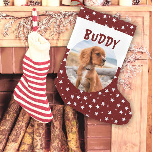 Cute Hund Pet Photo Red Star Mönster Liten Julstrumpa