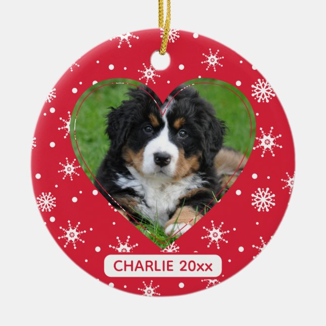 Cute Hund Pet Photo Snowflake Red Jul Julgransprydnad Keramik (Framsidan)