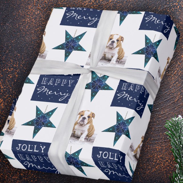 Cute Hund Puppy Pet Photo Festive Star - jul Presentpapper (Skapare uppladdad)