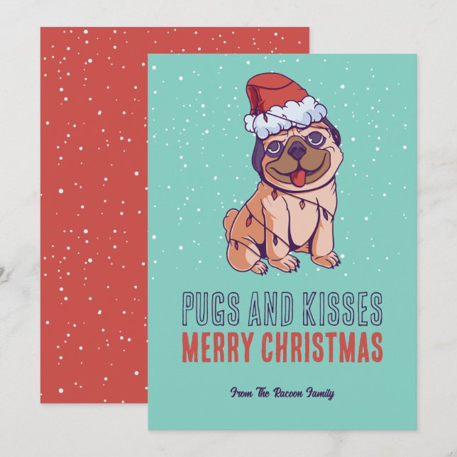 Cute Hund Santa Pugs och Kisses God jul Julkort (Fram/baksida)