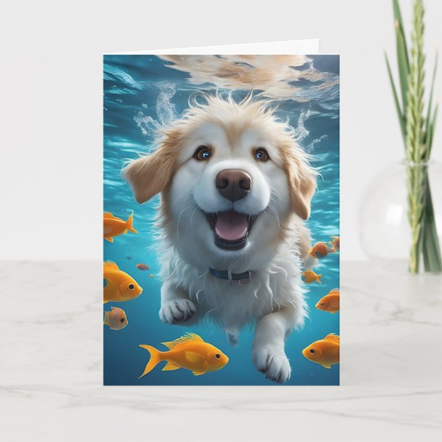 Cute Hund Swimming med fiskens blankkort Kort (Framsida)