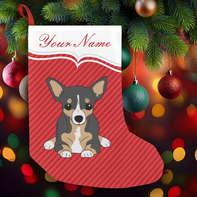 Cute Hund Tricolor Chihuahua Red Rand Liten Julstrumpa (Tricolor Chihuahua red striped Christmas stocking for you to personalize)