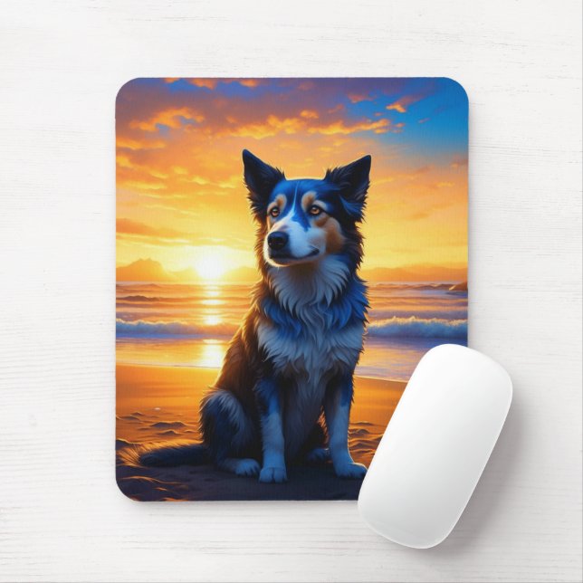 Cute Hund vid Sunset Serene Ocean Beach Musmatta (Med mus)