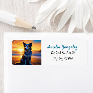 Cute Hund vid Sunset Serene Ocean Beach Returadress Etikett
