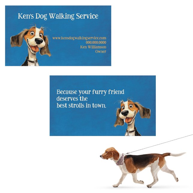 Cute Hund Walking Visitkort (Happy Beagle dog walking business card for trusted, local pet care and tail-wagging walks.)