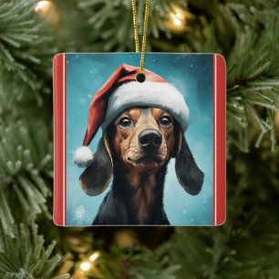 Cute Hund Wearing Santa Hat Dachshund jul Julgransprydnad Keramik