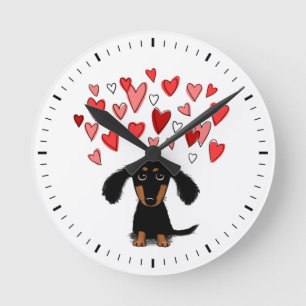Cute Hund with Hearts Black and Tan Dachshund Rund Klocka