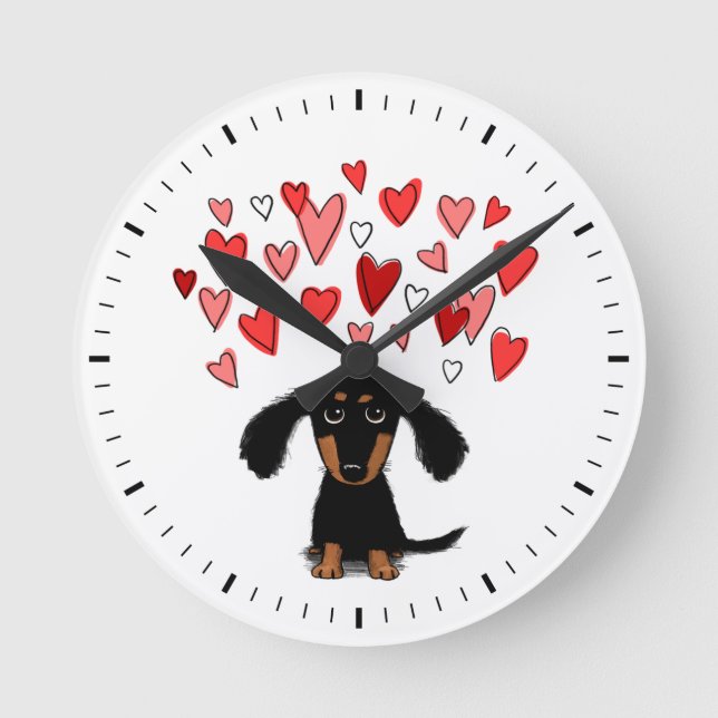Cute Hund with Hearts Black and Tan Dachshund Rund Klocka (Framsida)