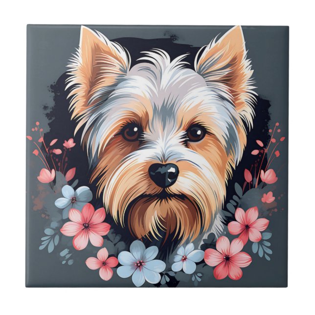 Cute Hund Yorkshire Terrier Flowers Kakelplatta (Framsidan)